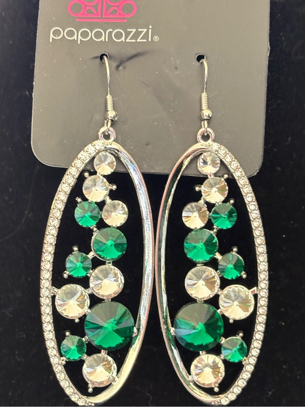 paparazzi Green and Clear Crystal Oval Drop Earrings